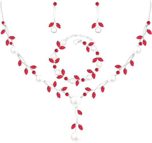 Luxury Cubic Zirconia Aurtrian Crystal Pearl Floral Necklace Dangle Earrings Wedding Bridal Jewelry Set Birthday Gifts for Her