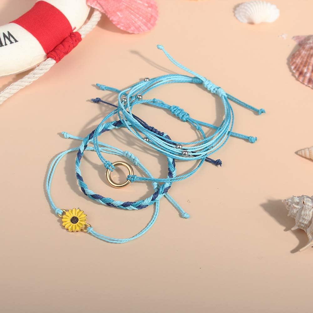 FANCY SHINY Sunflower String Bracelet Boho Braided Rope Wrap Bracelets Cute Summer Beach Surfer Jewelry for Women Christmas Gifts