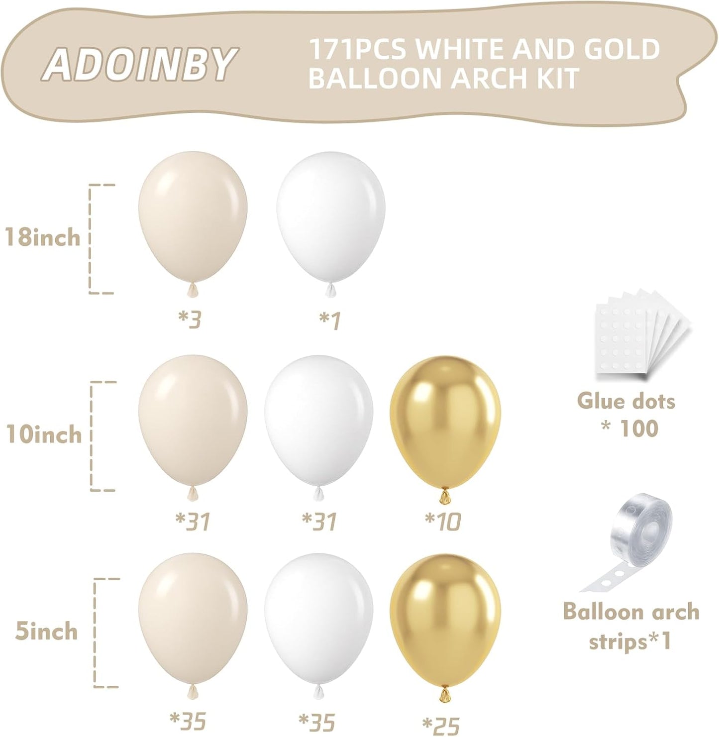 Sand White and Gold Balloon Arch Kit, 171Pcs White Nude Neutral Beige Metallic Gold Different Size Balloons for Boho Wedding Baby Bridal Shower Engagement Birthday Party Decorations Backdrop