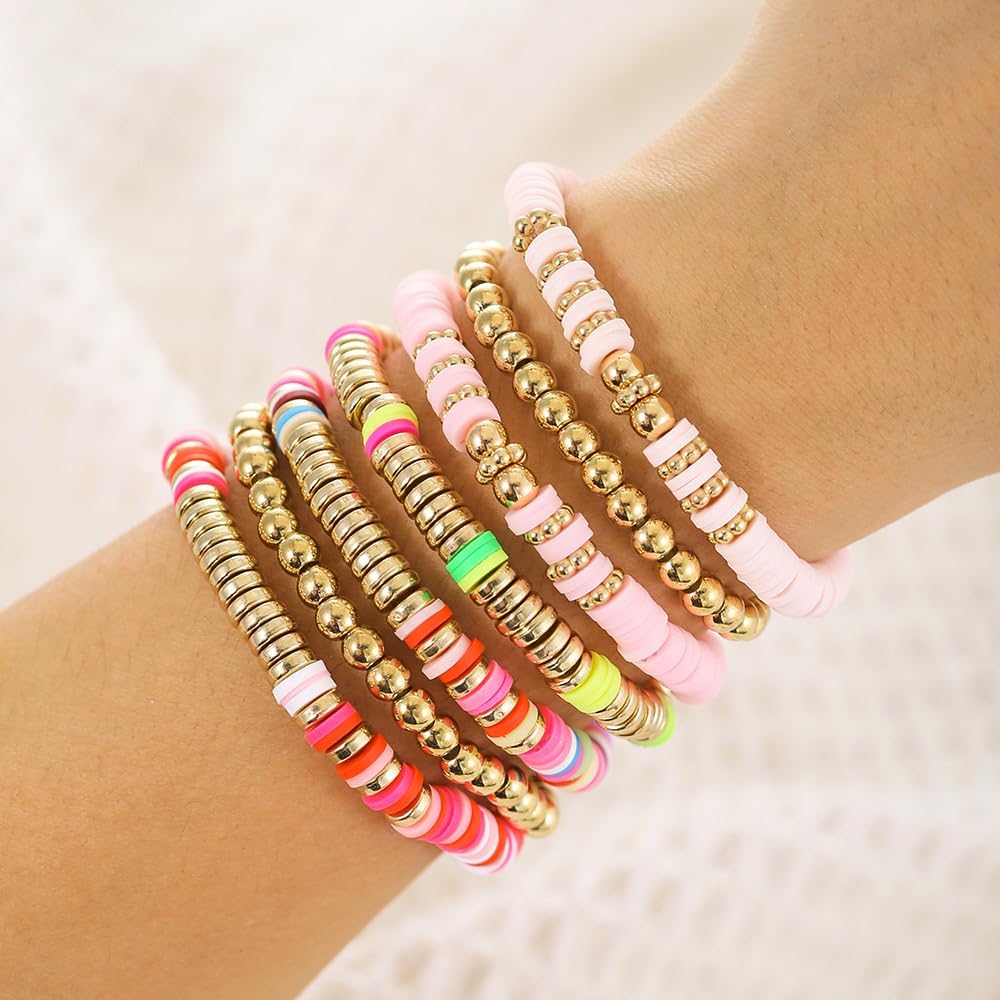 Friendship Bracelets for Women - Heishi Surfer Colorful Smile Evil Eye Clay Beaded Stretch Bracelets Elastic Layering - Stackable Boho Disc Y2K Aesthetic Summer Jewelry Set.