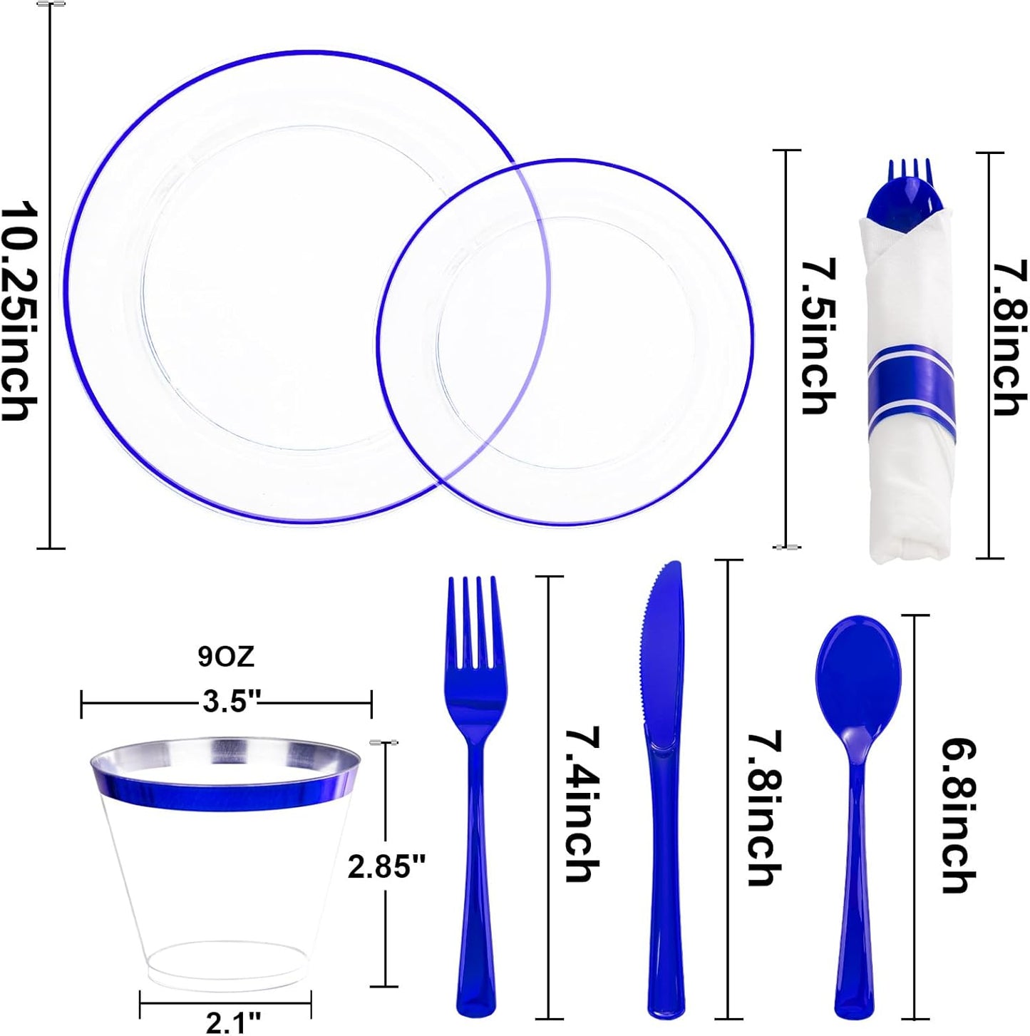SUT 350 Pcs Blue and Clear Plastic Dinnerware Set for 50 Guests, Include: 50 Dinner Plates, 50 Dessert Plates, 50 Pre Rolled Napkins With Silverware, 50 Cups, Disposable Plates for Party, Wedding