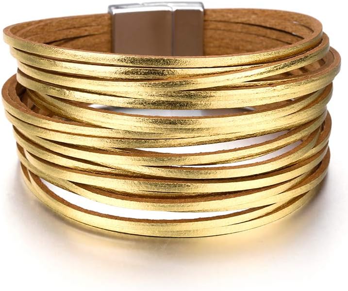 Fesciory Leather Wrap Bracelets for Women, Boho Leopard Multi-Layer Crystal Beads Cuff Bracelet Jewelry