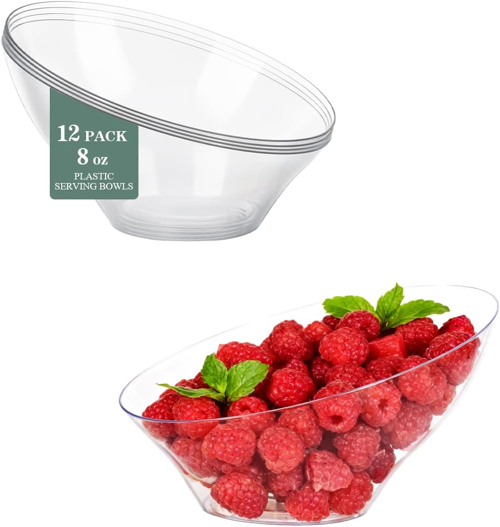 BESTVIP 8oz Clear Plastic Serving Bowls for Party - 12 Pack Angled Disposable Serving Bowls, Party for Chips, Snacks, Fruit, Salad - Bowls for Parties, Daily Use, Catering, Christmas