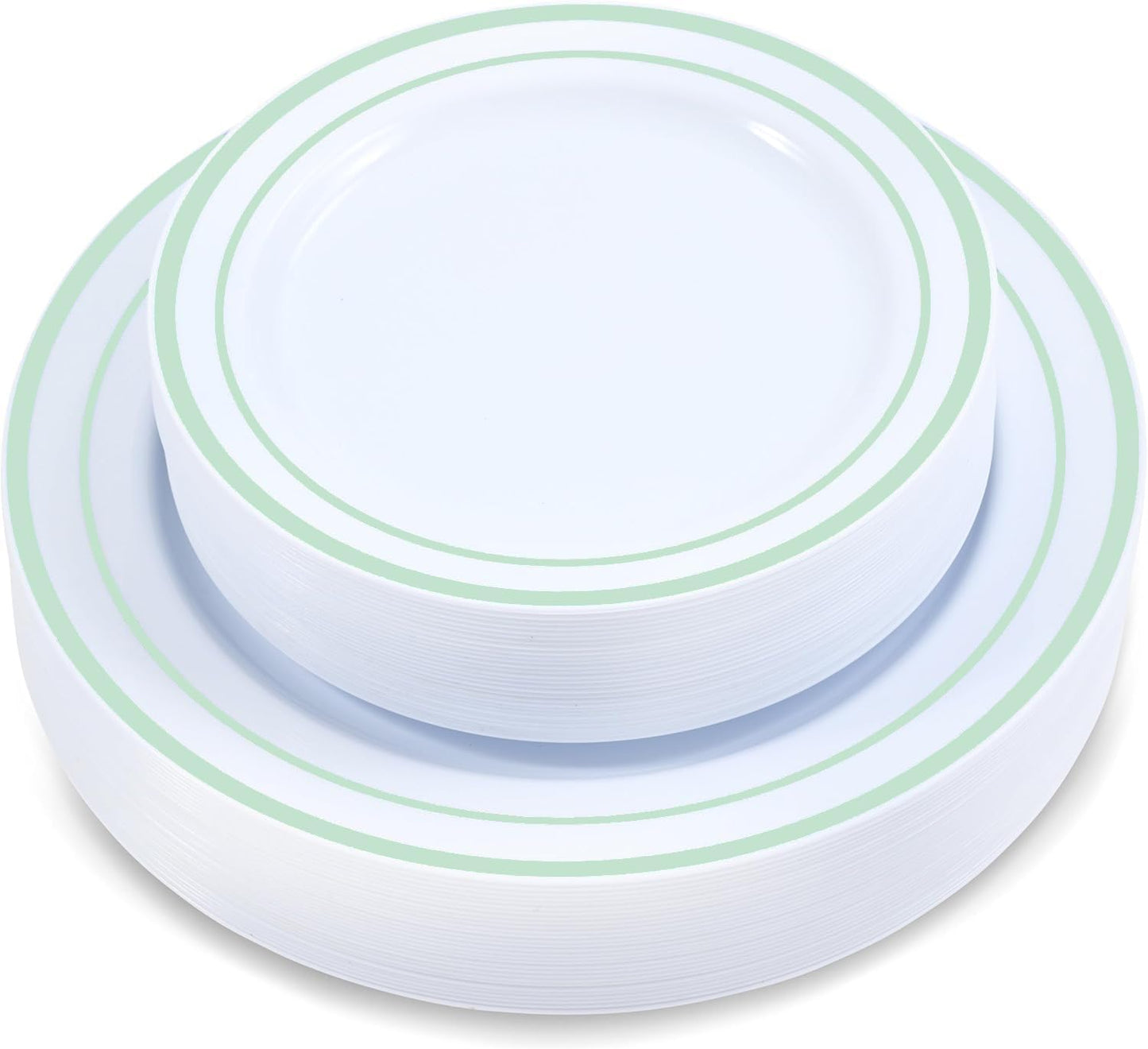 60 Pieces White Plastic Disposable Plates - Premium Heavy-Duty 30 Dinner Plates & 30 Salad Plates with Mint Green Rim Ideal for Party, Birthday and Special Events