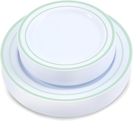 60 Pieces White Plastic Disposable Plates - Premium Heavy-Duty 30 Dinner Plates & 30 Salad Plates with Mint Green Rim Ideal for Party, Birthday and Special Events