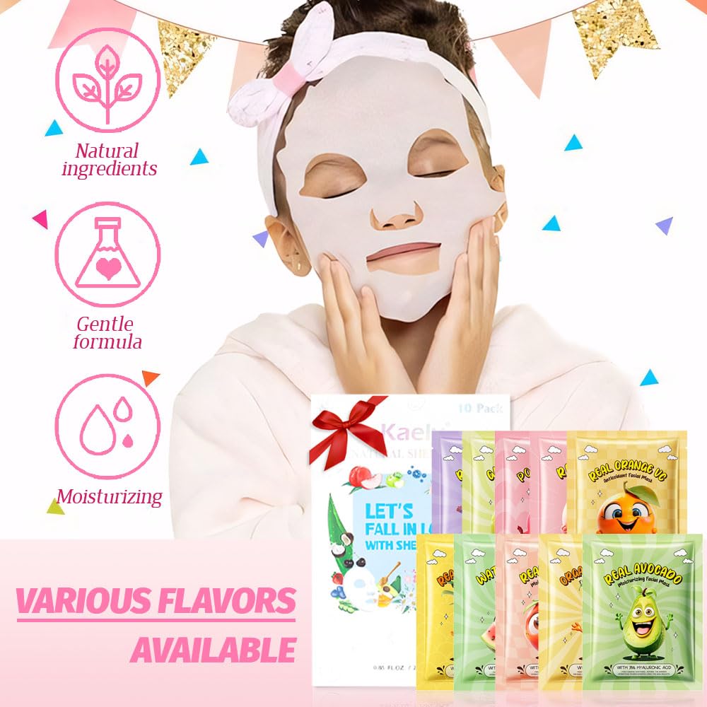 Kaely 10 Pack Fruit Face Masks for Kids, Kids Face Mask Spa Day Kit Supplies, Spa Party Favors for Teens Girls Women, Sheet Facial Mask Skincare Gifts Set, Moisturize Soothe for All Skin Types, 01