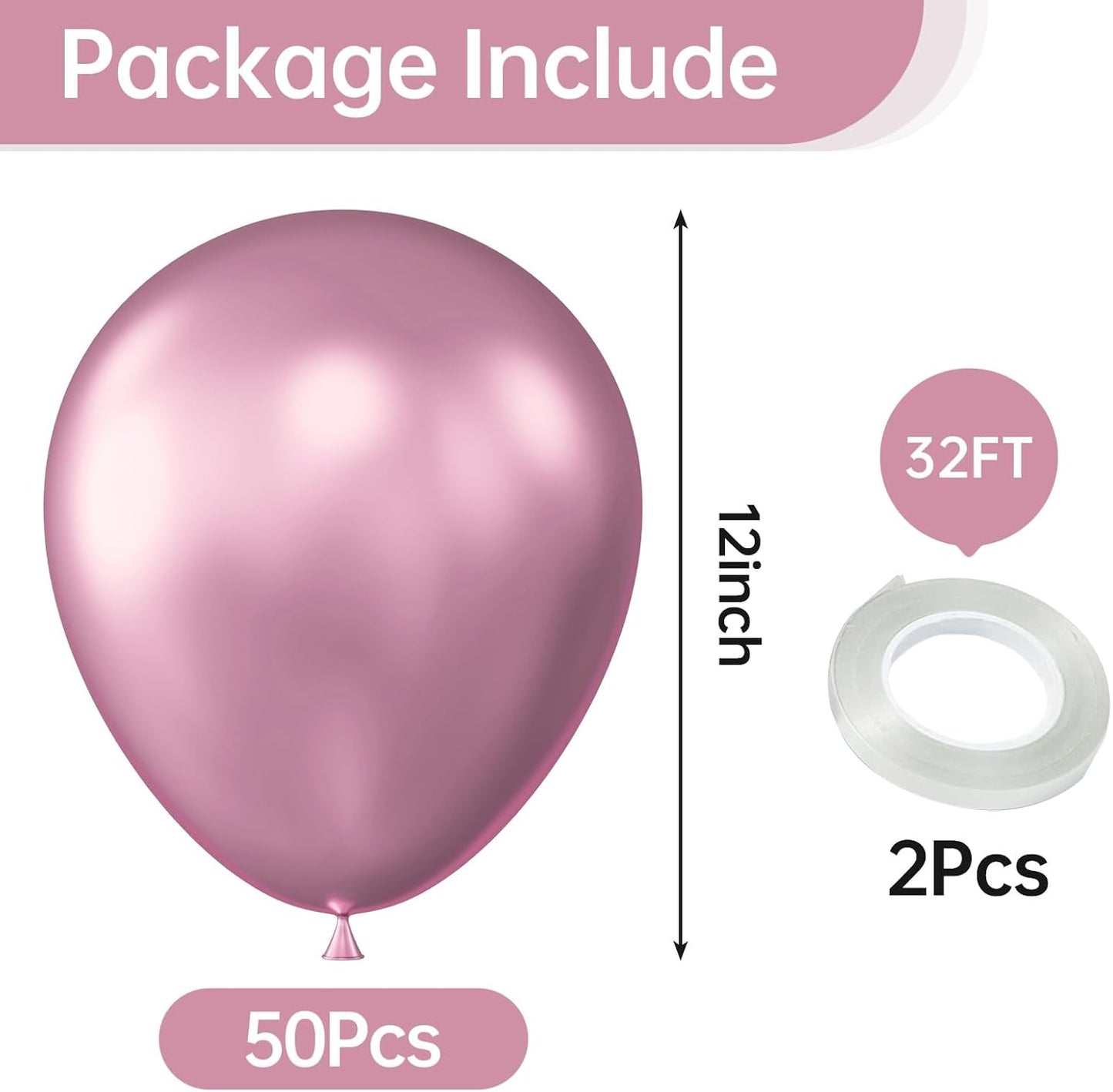 KALOR 12 Inch Metallic PInk Balloons, 50 Pcs Latex Helium Metallic Balloons for Kid's Birthday Party, Baby Shower, Wedding, Graduate Party Decorations
