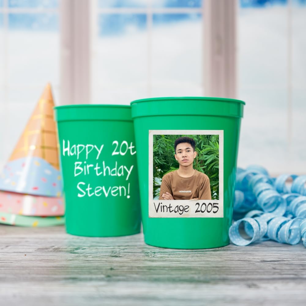 Custom Stadium Cups with Photo – Personalized 16oz Cups with Text – Printed Directly on Cup – Choose Cup Color, Text Color, Quantity and More – Party Favor for Birthdays & Events (Vintage Polaroid)