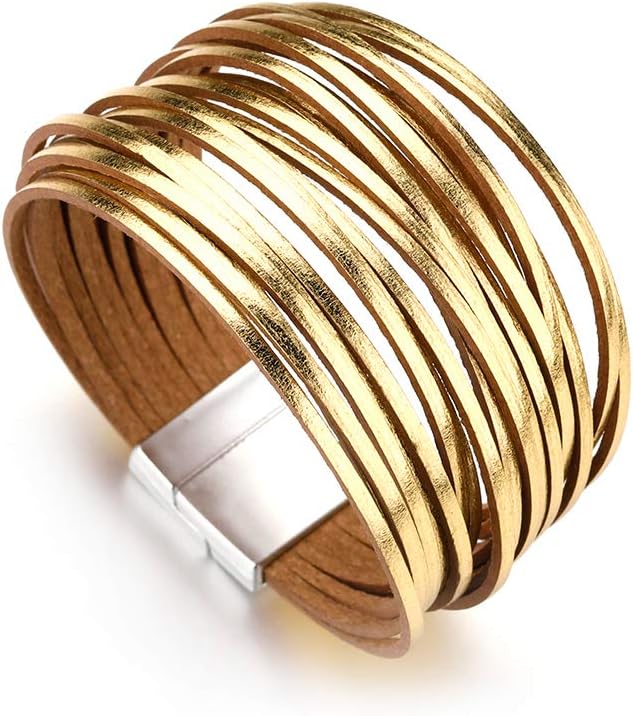 Fesciory Leather Wrap Bracelets for Women, Boho Leopard Multi-Layer Crystal Beads Cuff Bracelet Jewelry