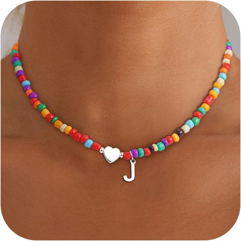 Christmas Gifts for Grandkids Teens Girls - Colorful Beaded Initial Necklace Teen Girl Gifts Trendy Stuff Dainty Letter Choker Necklace Stocking Stuffers for Teen Girls Women Jewelry