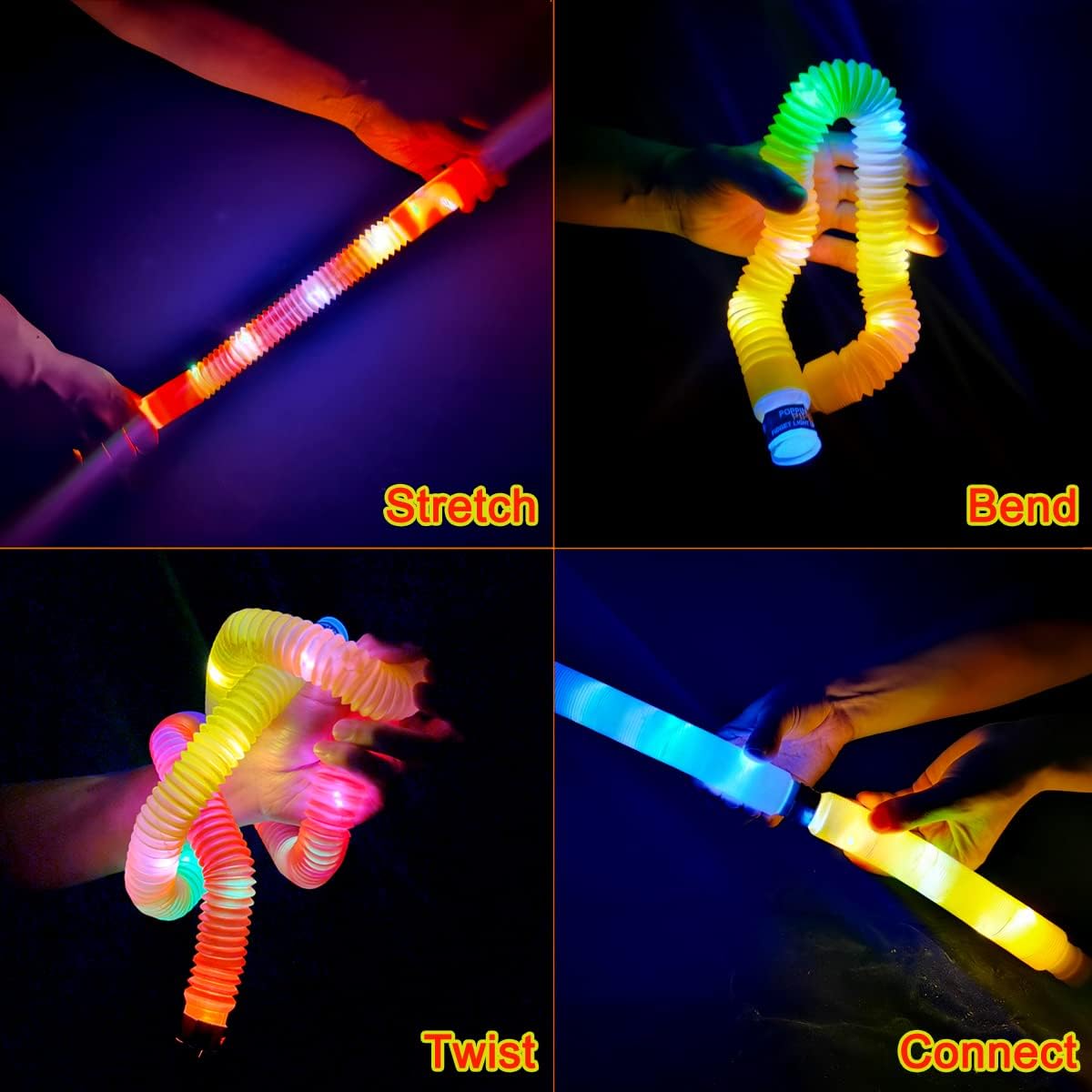 OceanWings 24PC Lights up Pop Tube Set for Kids Adults,Christmas Glow Sticks Stretchy Tube Fidget Toys for Classroom Prizes Birthday Concert Glow in The Dark Party Supplies Favor for Boys Girls