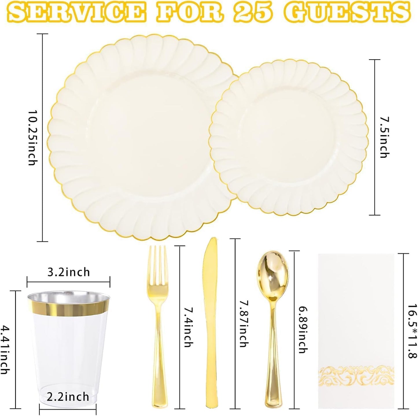 YOUBET 175PCS Ivory Scalloped Plastic Plates - Gold Disposable Dinnerware Set Include 50 Plates, 75 Gold Silverware, 25 Cups, 25 Napkins for Party & Wedding & Thanksgiving
