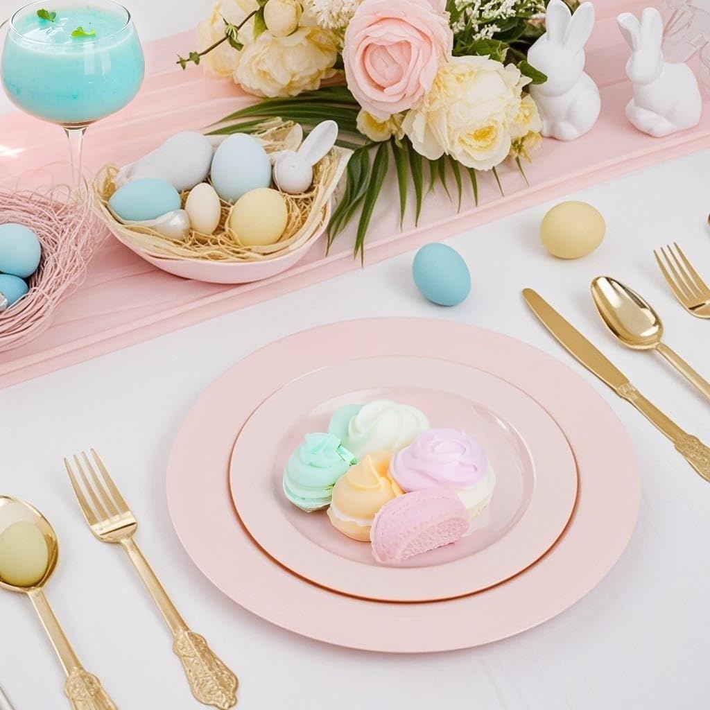 FLOWERCAT 100PCS Pink Plastic Plates - Heavy Duty Pink Party set Disposable serve for 50 guests -10 inch Dinner + 7 inch Dessert/Salad Plates for Easter,Birthday Party,Mother's Day