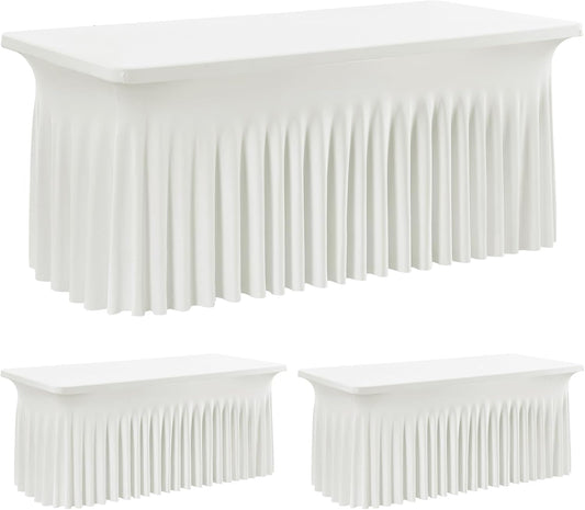 leegleri 2 Pack Ivory Spandex Fitted Table Clothes for 8 Foot Rectangle Tables, Wrinkle Free 8ft Spandex Table Cover with Skirt for Banquet Weddings Parties