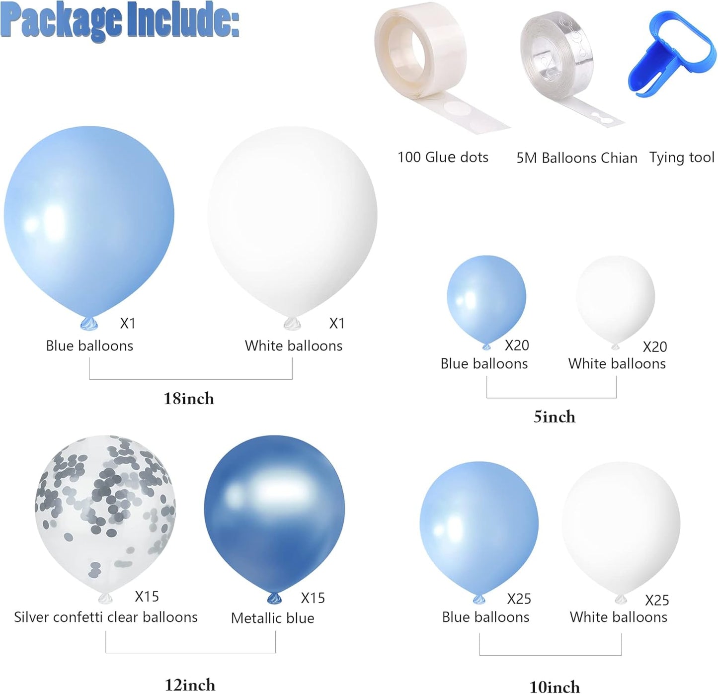 Blue Balloon Garland Arch Kit 122 PCS Metallic Blue White and Silver Confetti Latex Balloons for Baby Shower Bridal Shower Birthday Wedding Bachelorette Anniversary Party Decorations