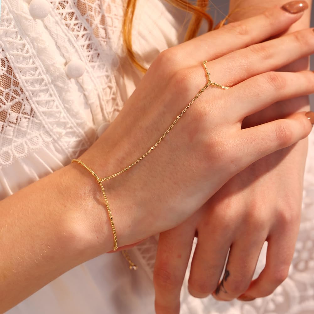 Listine Hand Chain Bracelet 14K Gold Plated Ring Bracelet Hand Chain Trendy Stuff for Women Dainty Hand Bracelets with Finger Ring Hand Jewelry for Women