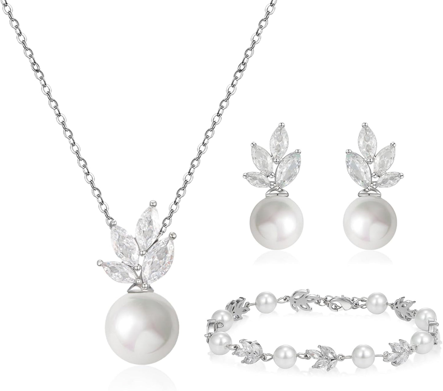 SWEETV Jewelry Set for Bride Women, Cubic Zirconia Pearl Bridal Earrings Necklace Bracelet Set, Bridal Jewelry Set for Wedding Prom