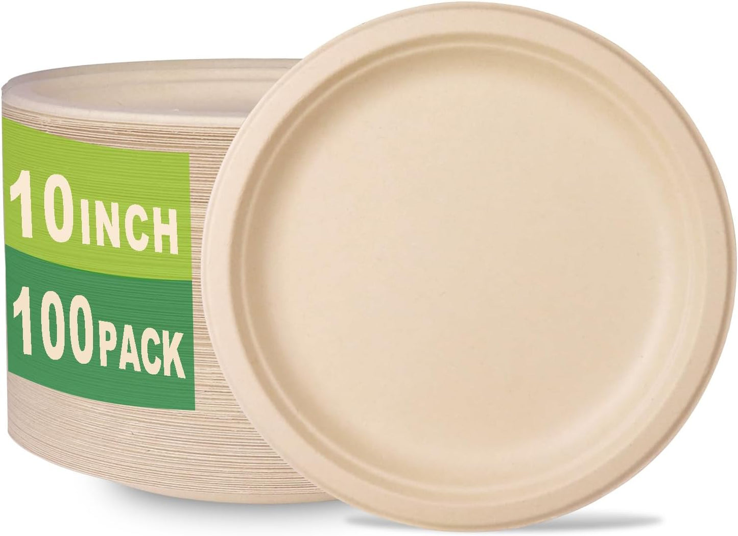 GreenWorks 100 Count 10“ Heavy-duty Compostable Plates, Unbleached Biodegradable Bagasse and Bamboo fiber Paper Plates