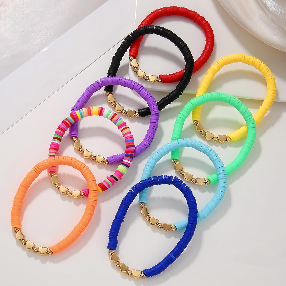 Friendship Bracelets for Women - Heishi Surfer Colorful Smile Evil Eye Clay Beaded Stretch Bracelets Elastic Layering - Stackable Boho Disc Y2K Aesthetic Summer Jewelry Set.