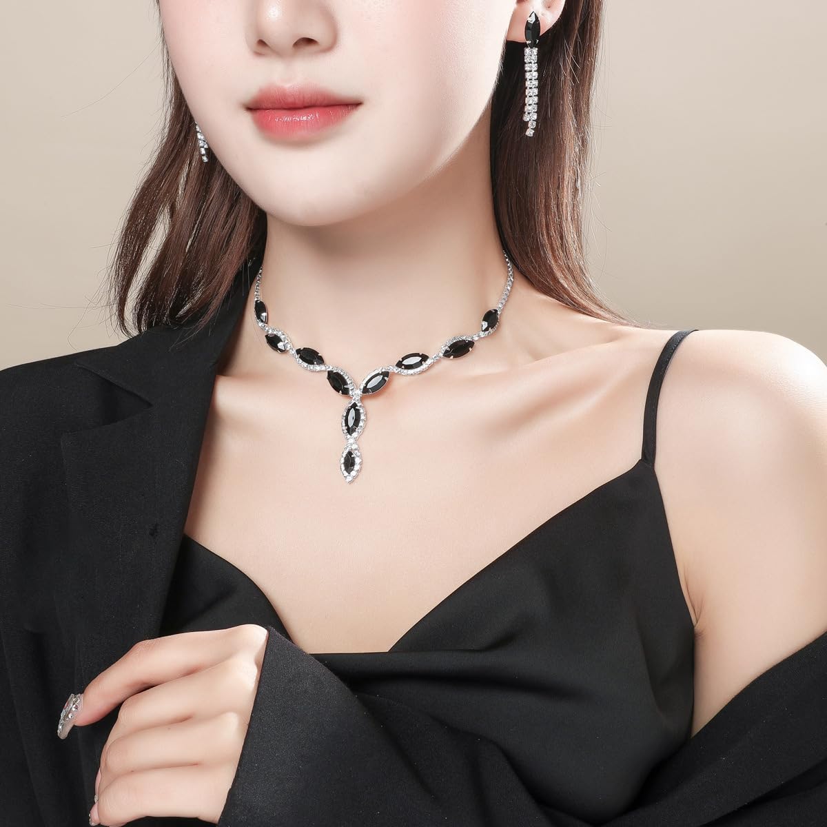 Silver Rhinestone Prom Jewelry Set for Women,Black Glitter Crystal Chain Choker Necklace Cz Drop Earring for Wedding Bridal,Formal Costume Accessories