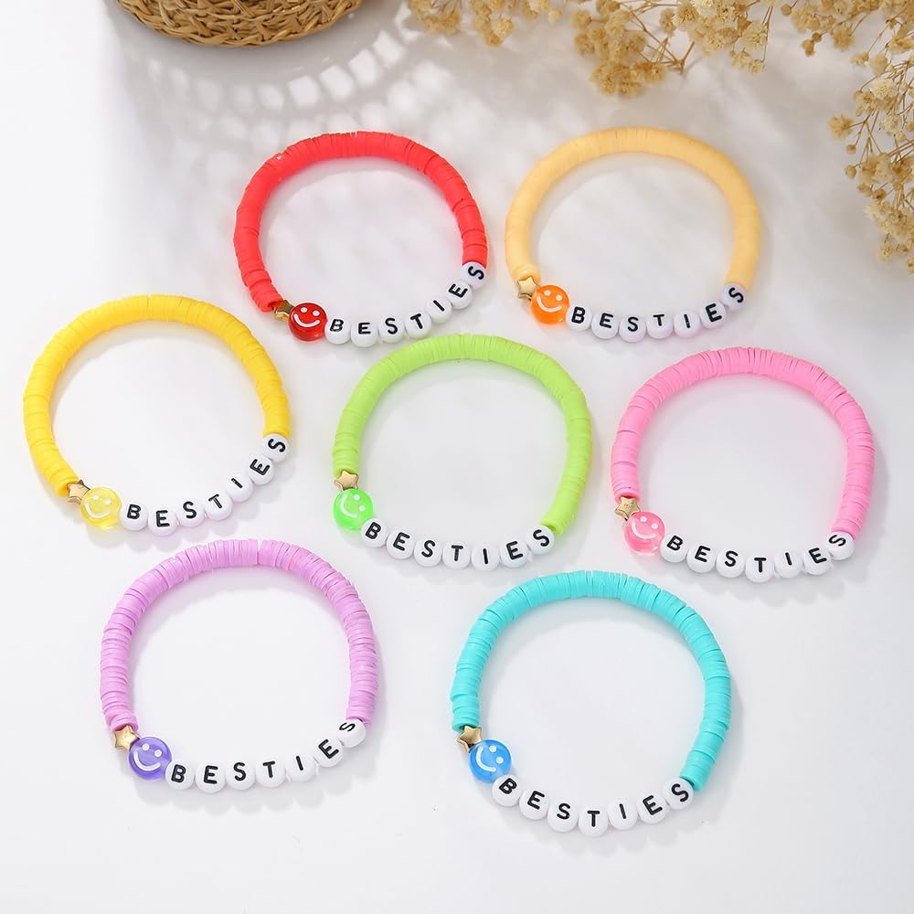Friendship Bracelets for Women - Heishi Surfer Colorful Smile Evil Eye Clay Beaded Stretch Bracelets Elastic Layering - Stackable Boho Disc Y2K Aesthetic Summer Jewelry Set.
