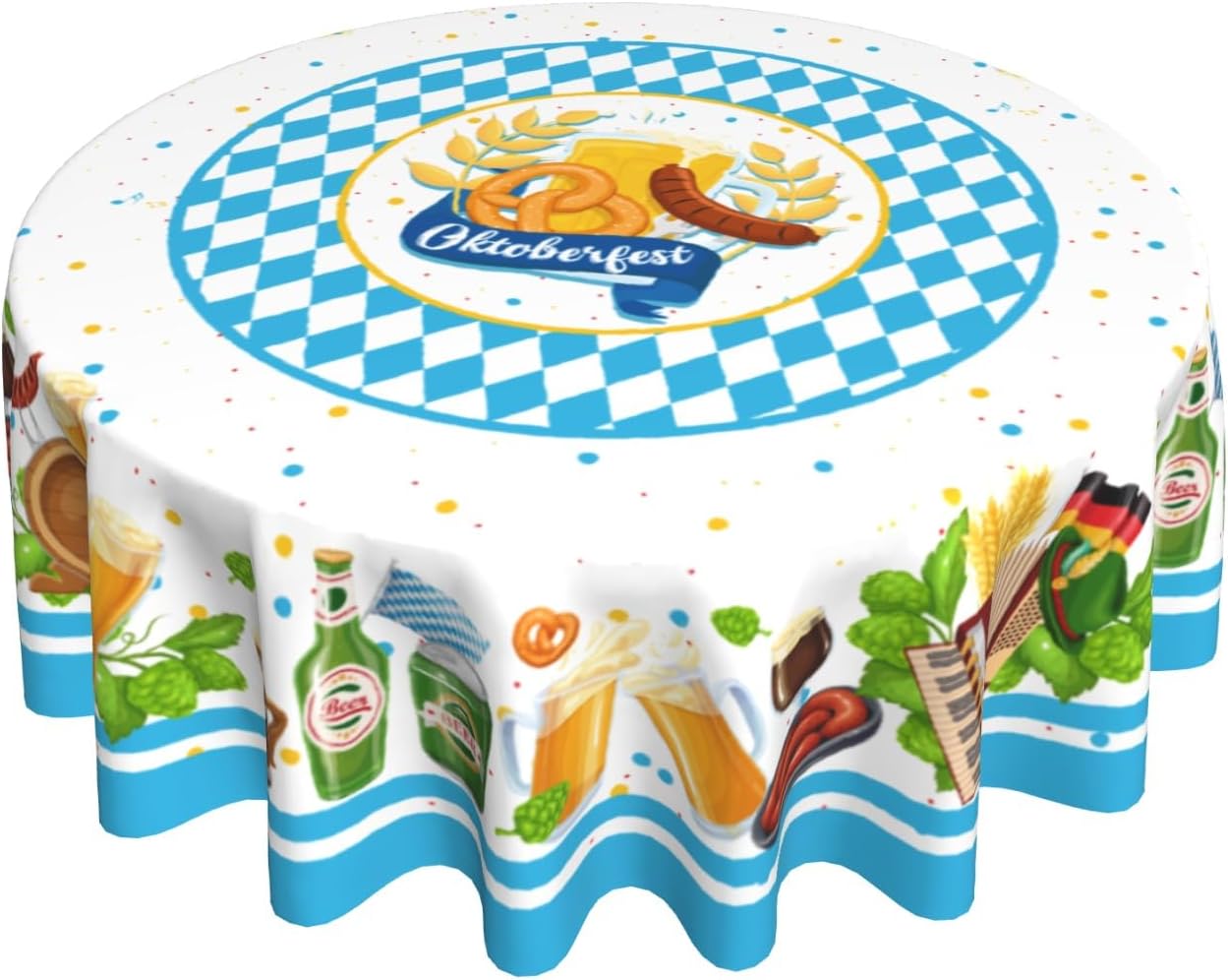 Giwawa Oktoberfest Tablecloth Round 60Inch Bavarian Beer Sausage Pretzel Table Cover Heat Resistant Polyester Fabric Blue White Checkered Table Cloth for Kitchen Dining Party Holiday Decor
