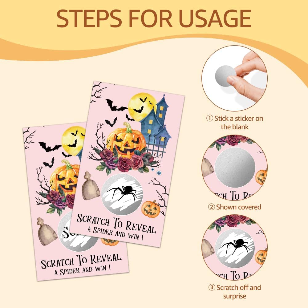 50 Pack Find The Spider Halloween Theme Patch Scratch Off Game, Bat Horror Scratch Cards for Fall Party Games, Pumpkin Raffle Tickets for Birthday Thank You Party Games, Halloween Baby Shower
