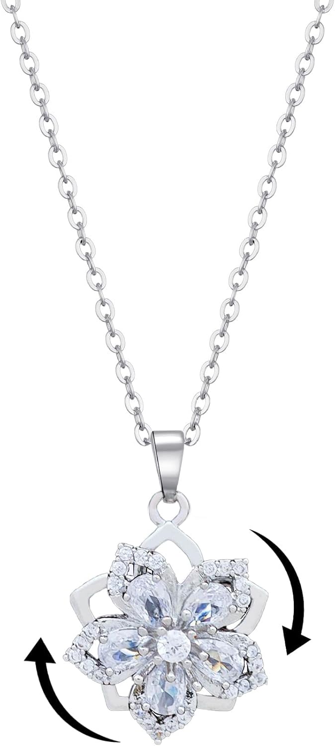 Necklace for Women Gold Flower Fidget Necklace Rotatable Crystal Silver Blossom Pendant Necklaces Adjustable Spinning Fidget Necklaces Redbud Flower Choker Funny Gift Jewelry