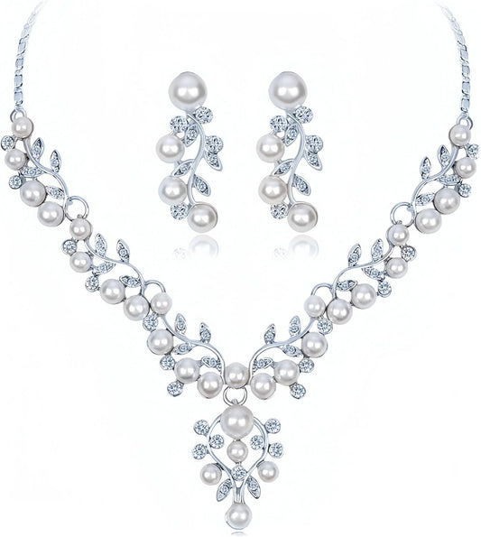 la luen Pearl Bride Wedding Jewelry Set Faux Pearls Crystal Rhinestone Necklace Earrings Bracelet Sets for Women Bridesmaid(3 PCS)