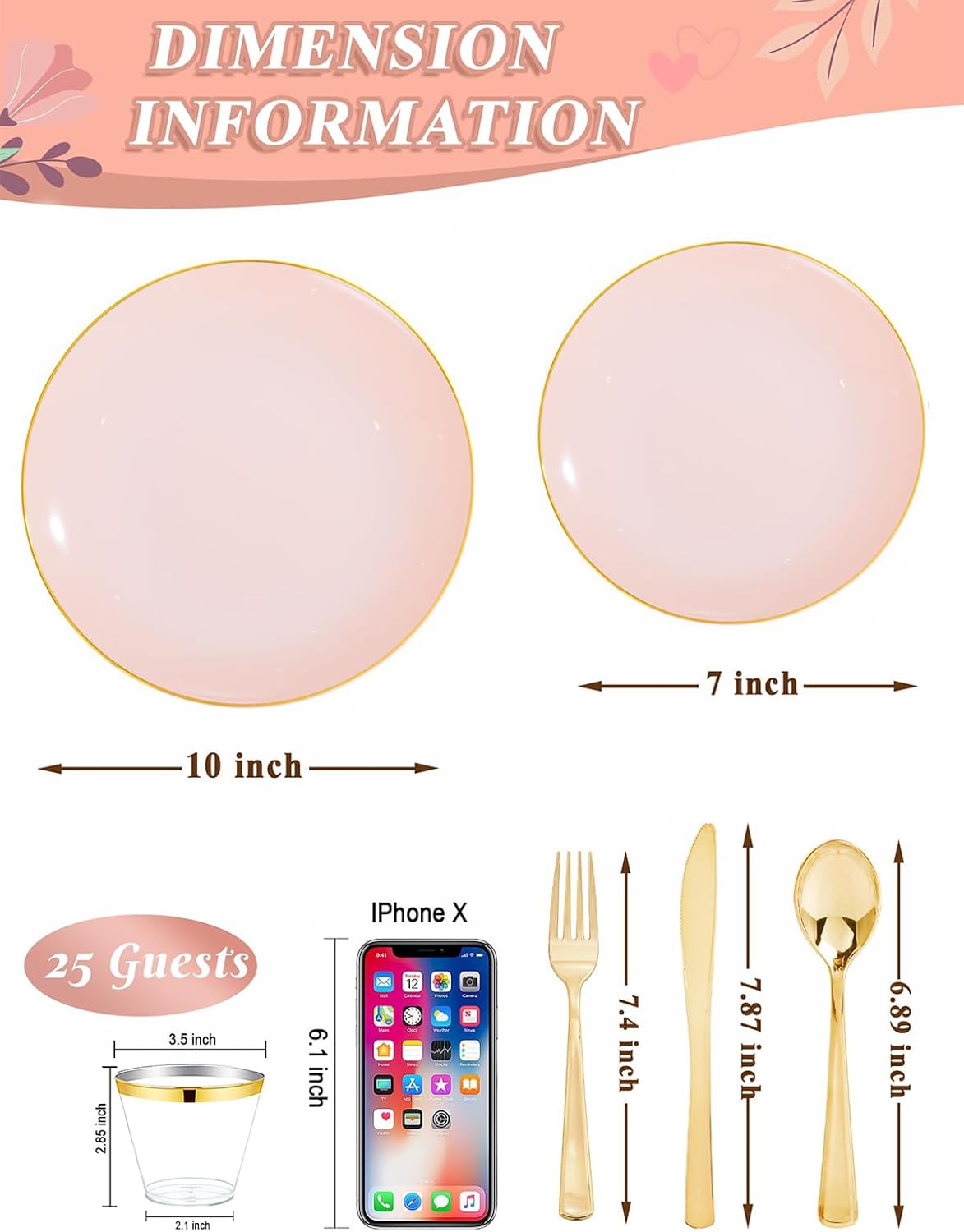 WDF 150Pcs Pink Plates Disposable - Pink and Gold Plastic Plates 25guest Disposable Dinnerware Include 25 Dinner Plate, 25 Dessert Plate, 25 Cutlery & 25 9oz Cups for Wedding & Party