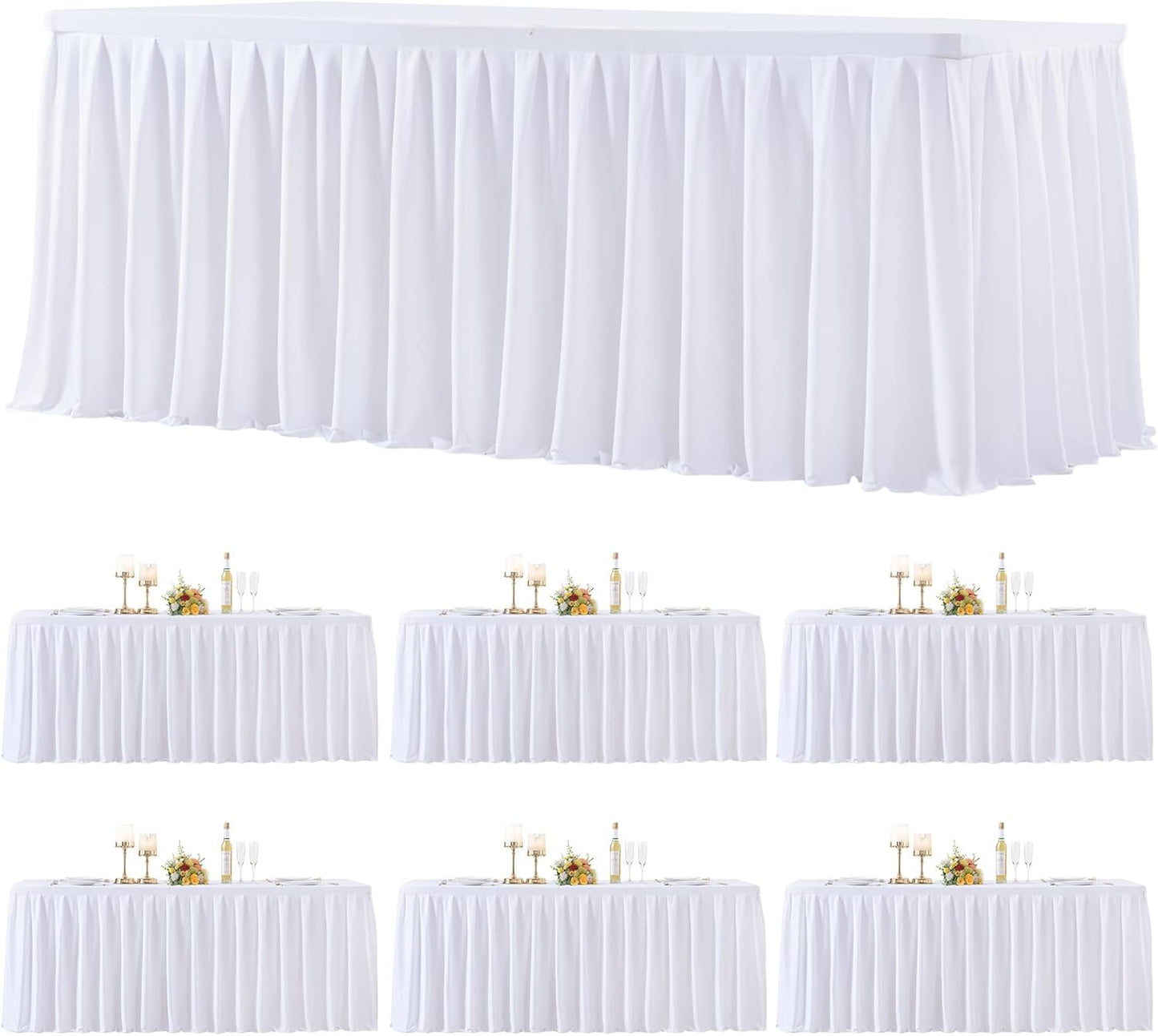 6 Pack White Rectangle Tablecloth 8 FT Stretch Spandex Fitted Table Cloth for 8 Foot Rectangle Tables Banquet Tablecloths Wrinkle Free Table Cover Skirt Ruffle Tablecloth for Party Wedding Birthday
