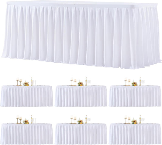 6 Pack White Rectangle Tablecloth 8 FT Stretch Spandex Fitted Table Cloth for 8 Foot Rectangle Tables Banquet Tablecloths Wrinkle Free Table Cover Skirt Ruffle Tablecloth for Party Wedding Birthday