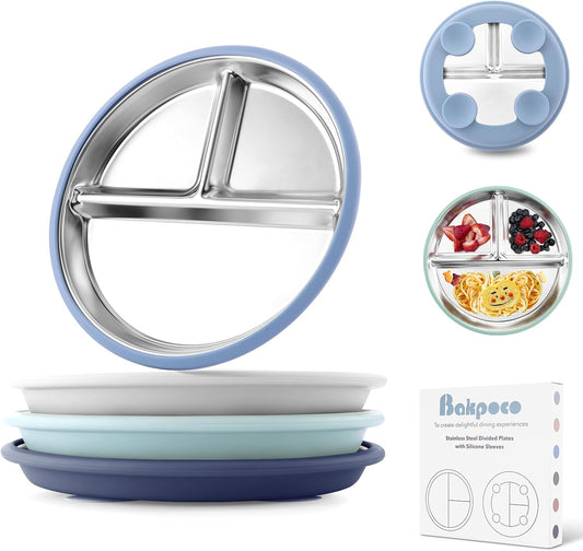 Stainless Steel Toddler Plate with Suction, 8” Divided Plates with Removable Silicone Sleeves for Baby, Non Toxic Unbreakable Kids Snack Dishes Set of 4, Sage Blue Gray Navy