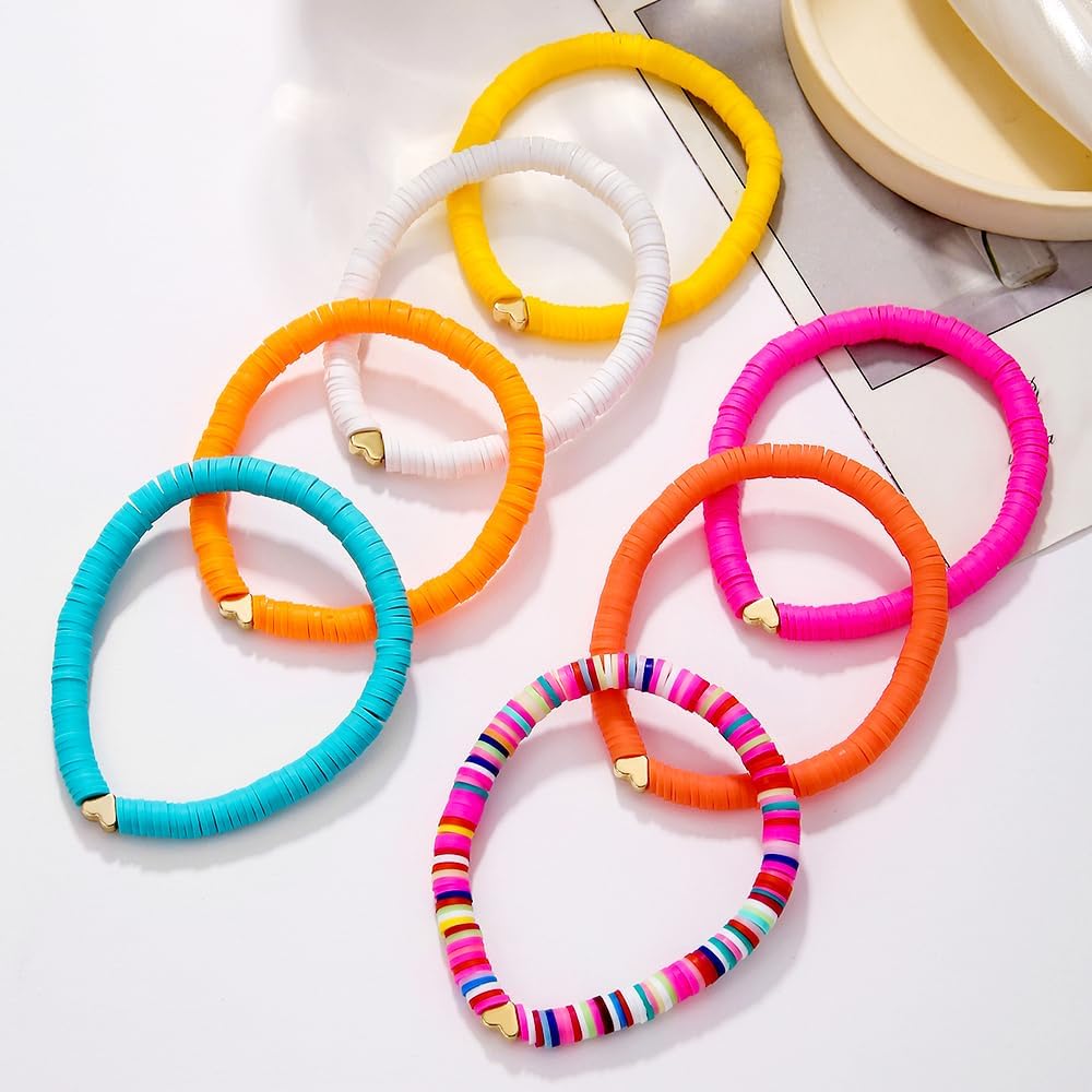 Friendship Bracelets for Women - Heishi Surfer Colorful Smile Evil Eye Clay Beaded Stretch Bracelets Elastic Layering - Stackable Boho Disc Y2K Aesthetic Summer Jewelry Set.