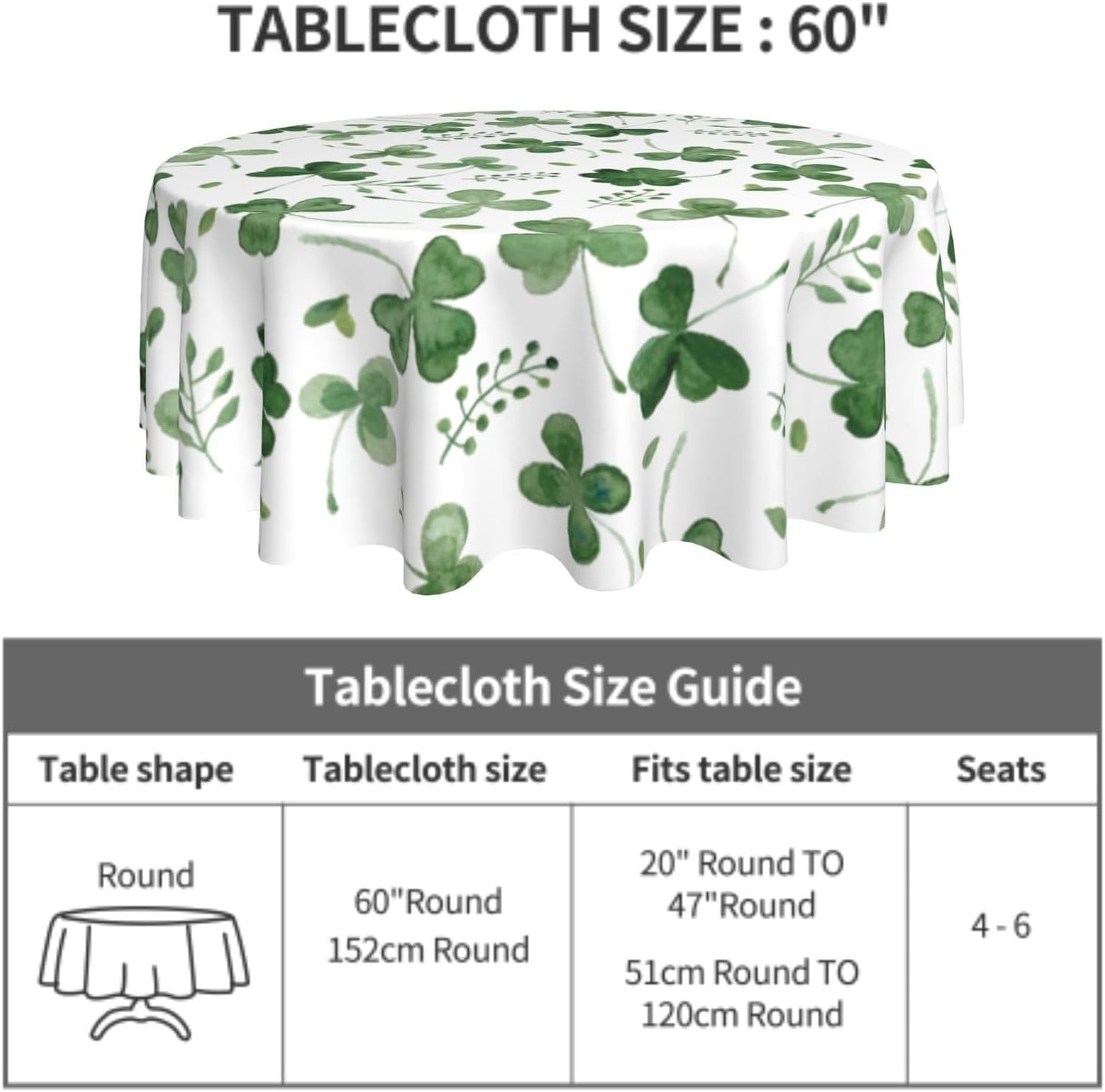 Giwawa St Patrick Round Tablecloth 60 Inch, Watercolor Clover Circular Table Cloth, Sage Green Shamrock Spring Eucalyptus Leaves Table Dining Decoration for Dining Kitchen Party Picnic Holiday