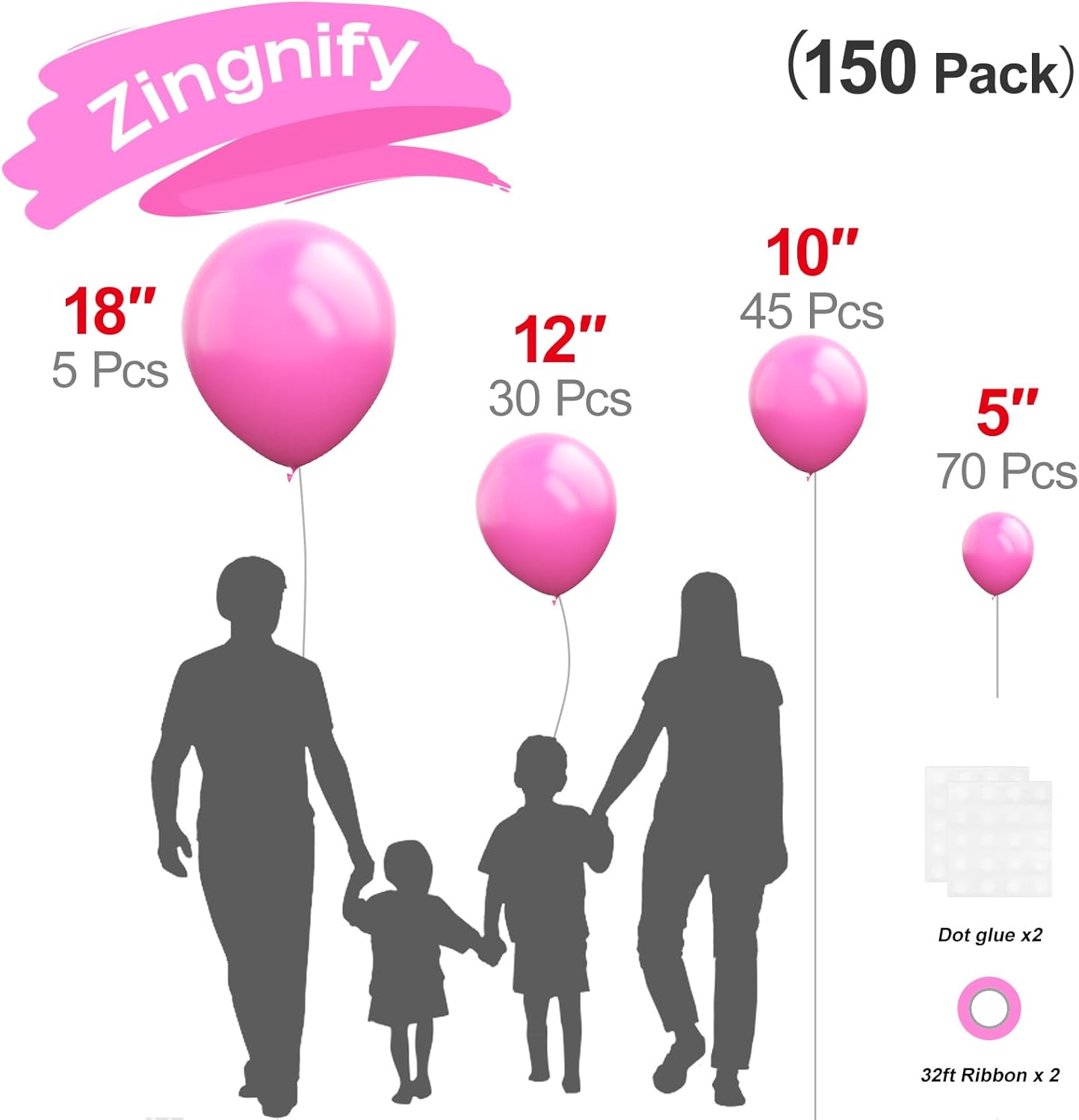 Hot Pink Balloons, 150 pcs Different Sizes Pack of 18 Inch 12 Inch 10 Inch 5 Inch Magenta Fuchsia Dark Pink Balloons for Balloon Garland Balloon Arch as Birthday Party Wedding Decorations