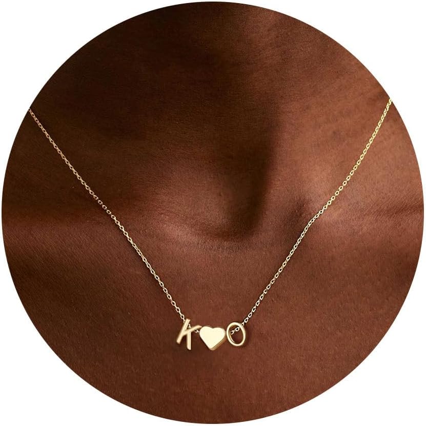 Turandoss Heart Initial Necklace for Women Teen Girls, 14K-Gold-Plated Dainty Letter A-Z Initial Necklace with Heart, Personalized Jewelry Birthday Gifts for Women