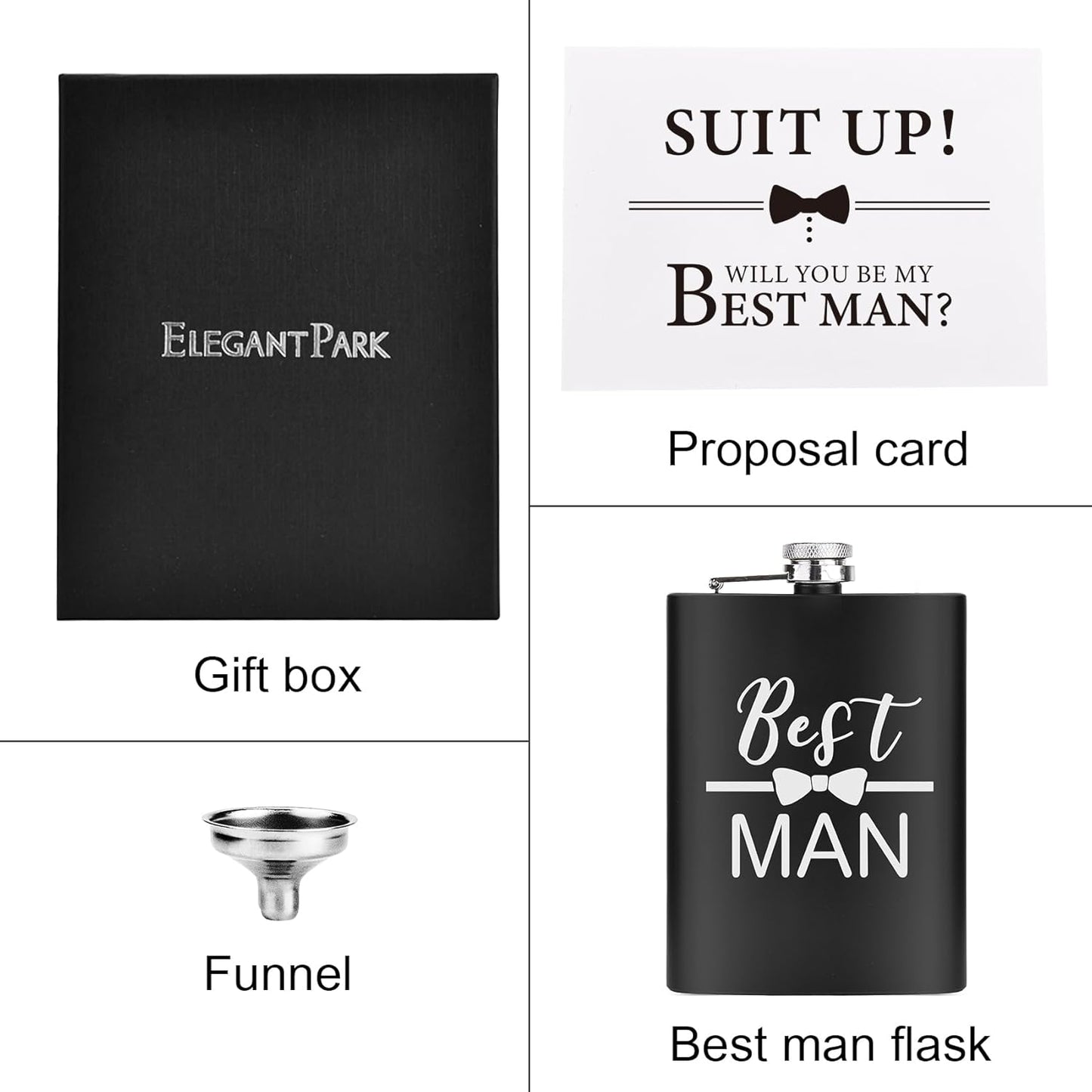 ELEGANTPARK Engraved Groomsman Gifts Set of 6 Groom Best Man Groomsman Flasks Wedding Gifts for Men Bachelor Party Favor Stainless Steel Hip Flask for Liquor with Funnel for Men 8 OZ Black