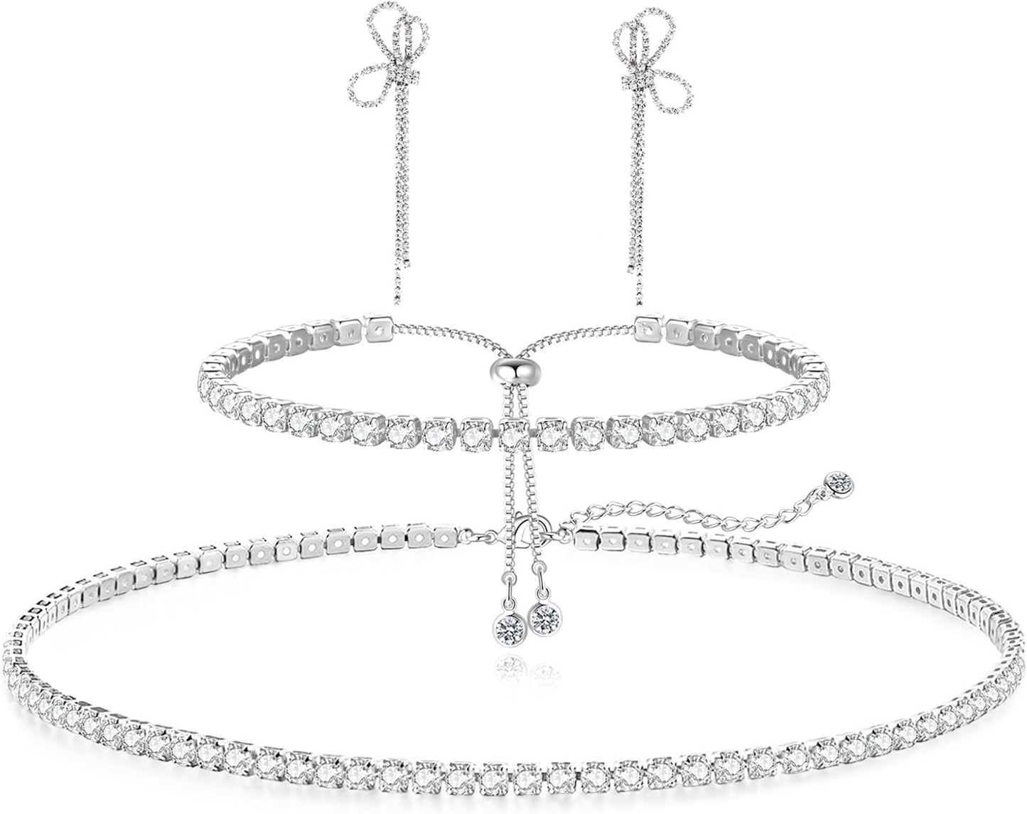 Tennis Necklace Bracelet for Women, Sterling Sliver, Dainty Chocker Necklace, Crystal Bracelet for Women, Wedding Jewelry for Bride, Sparkly Party Prom Hypoallergenic