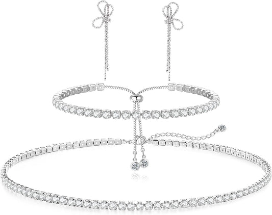 Tennis Necklace Bracelet for Women, Sterling Sliver, Dainty Chocker Necklace, Crystal Bracelet for Women, Wedding Jewelry for Bride, Sparkly Party Prom Hypoallergenic