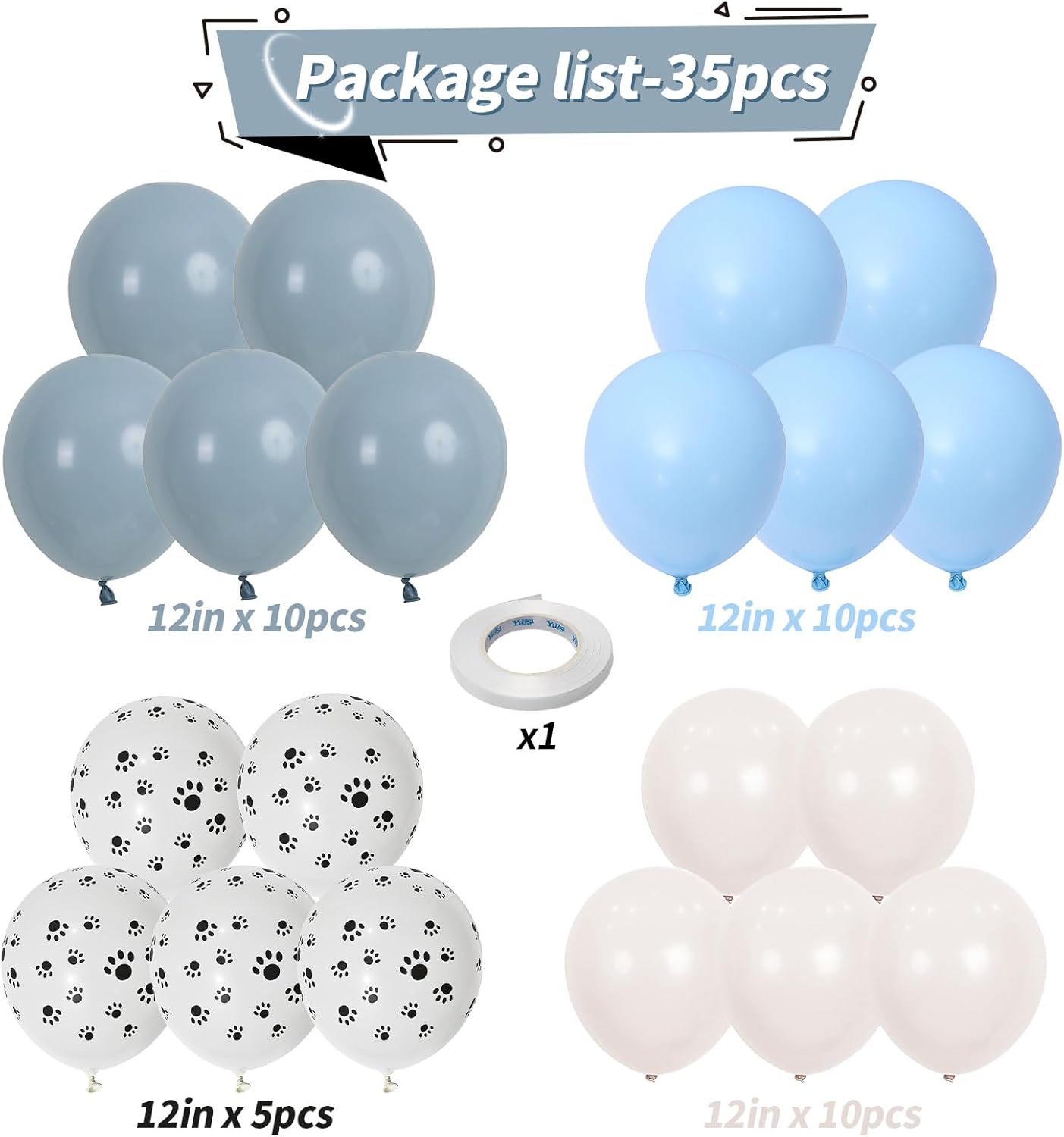 Dog Paw Balloons, 12 Inch Retro Dusty Slate Blue Pastel Muted Blue Sand White Helium Latex Balloon Paw Print Party Balloons for Kids Boys Girls Puppy Theme Birthday Baby Boy Shower Party Decorations