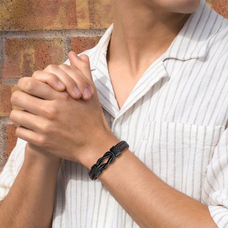 Gift for Men Infinity Bracelet for Men Dad Husband Boyfriend Son Grandson Brother Nephew Uncle Brown Braided Leather Forever Linked Together Stainless Steel Engraved with Love You Forever Jewelry 7.5|8.5|9 Inches