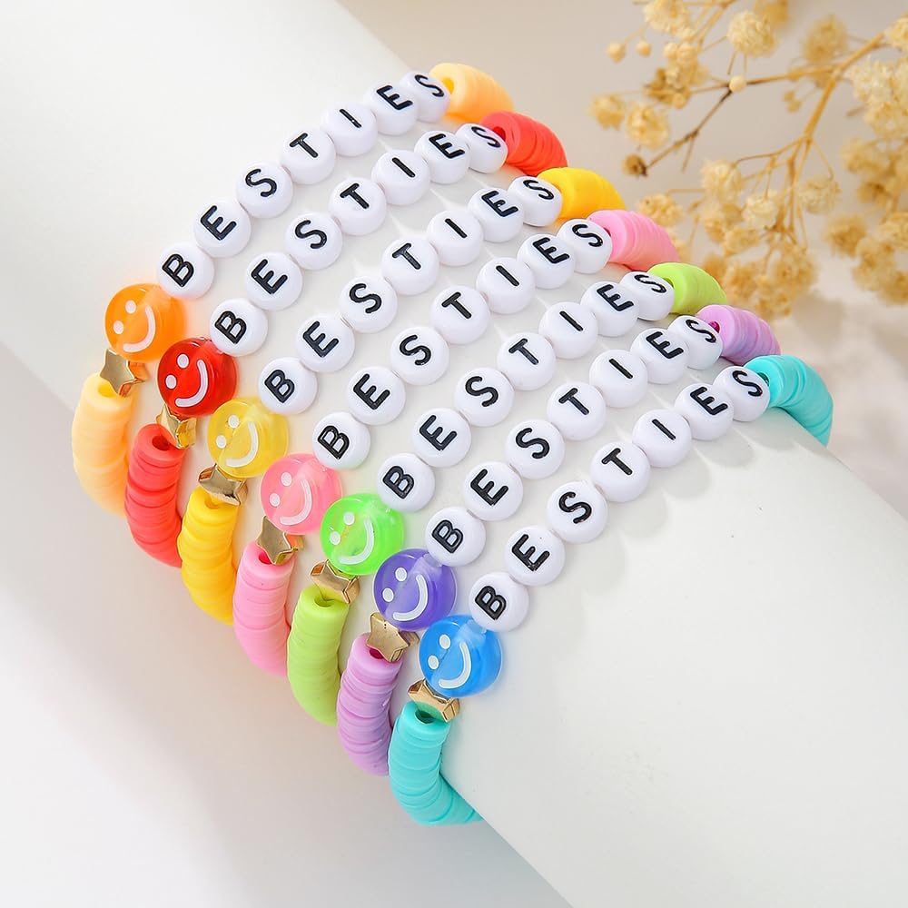 Friendship Bracelets for Women - Heishi Surfer Colorful Smile Evil Eye Clay Beaded Stretch Bracelets Elastic Layering - Stackable Boho Disc Y2K Aesthetic Summer Jewelry Set.