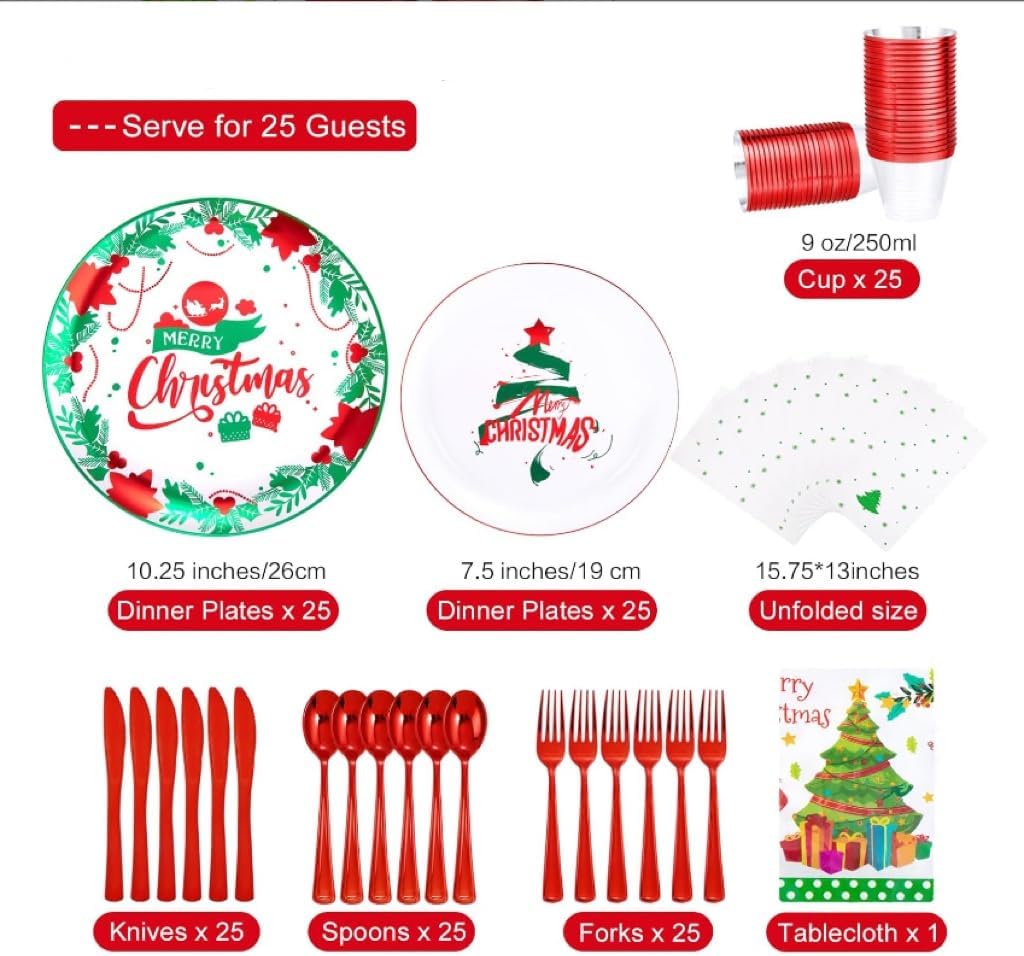 GATHER 176 Pieces Christmas Plastic Plates - Heavy Duty Christmas Disposable Dinnerware Set include 50 Plates, 75 Red Plastic Silverware, 25 Napkins, 25 Cups and 1 Tablecloth for Xmas Party
