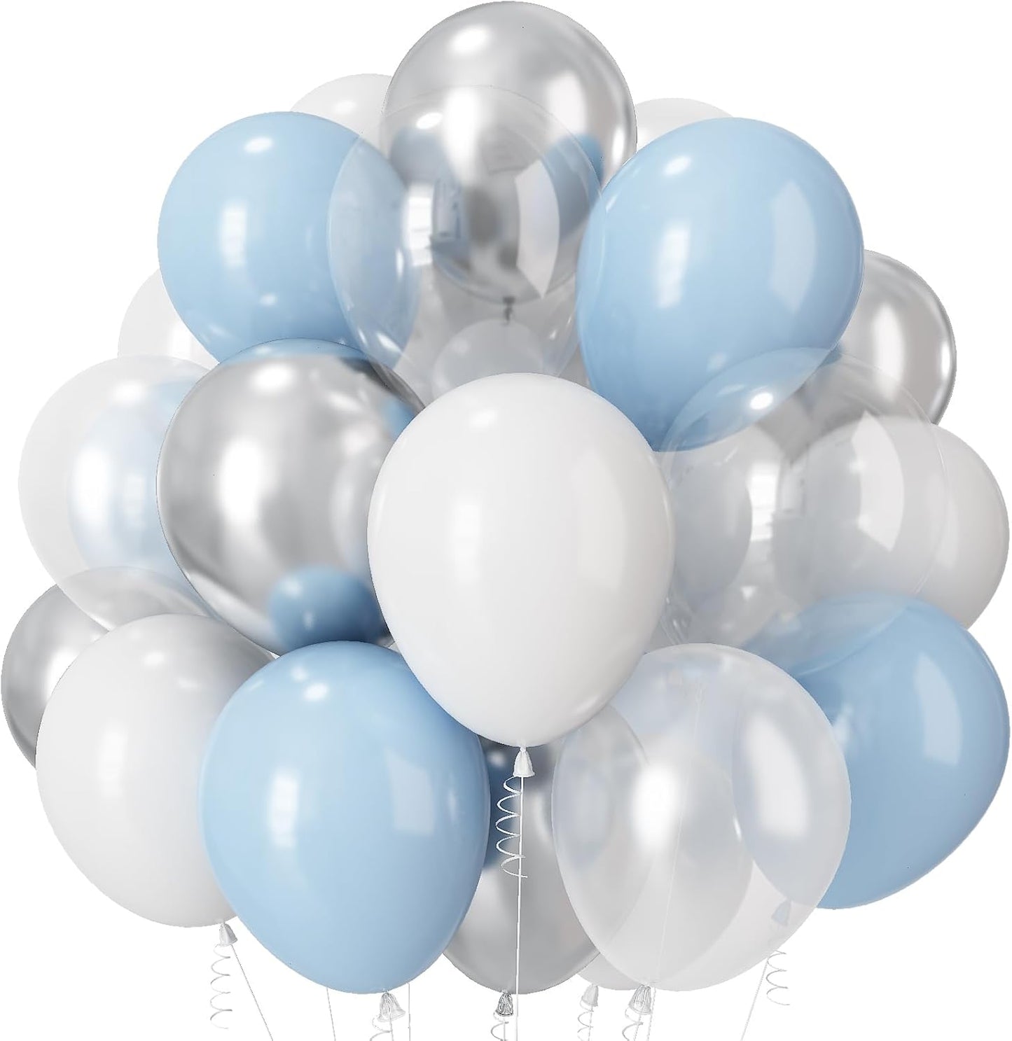 Blue and White Balloons, 12 Inch Baby Light Pastel Blue Pearl White Silver Metallic Clear Latex Helium Party Balloons for Boys Bridal Baby Shower Bachelorette Winter Holiday Birthday Party Decorations