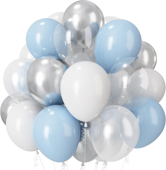 Blue and White Balloons, 12 Inch Baby Light Pastel Blue Pearl White Silver Metallic Clear Latex Helium Party Balloons for Boys Bridal Baby Shower Bachelorette Winter Holiday Birthday Party Decorations