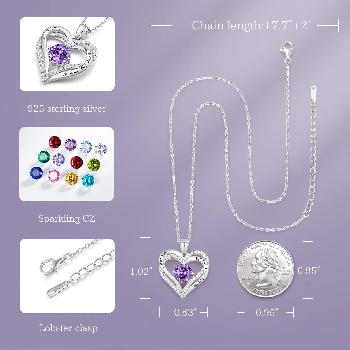 CDE Forever Love Heart Necklaces for Women, Wedding Anniversary, Birthday Mothers Day Christmas Day Gifts for Mom, Mother, Wife, friend, S925 Silver Jewelry with Birthstone Pendant
