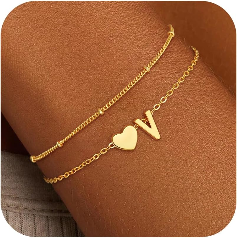 Christmas Gifts for Grandkids Teens Girls, 14K Gold Plated Heart Initial Bracelets for Women Girl Dainty Gold Bracelets Birthday Gifts Stocking Stuffers for Teen Girls Women Jewelry