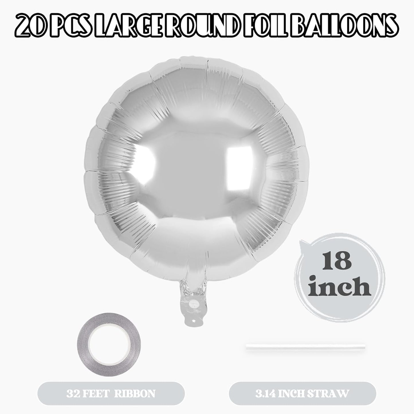 20 Pcs Silver Round Shaped Balloons,18 Inch Round Foil Balloon,Giant Round Mylar Balloon Helium Balloons for Birthday Party Baby Shower Wedding Decorations (Silver)