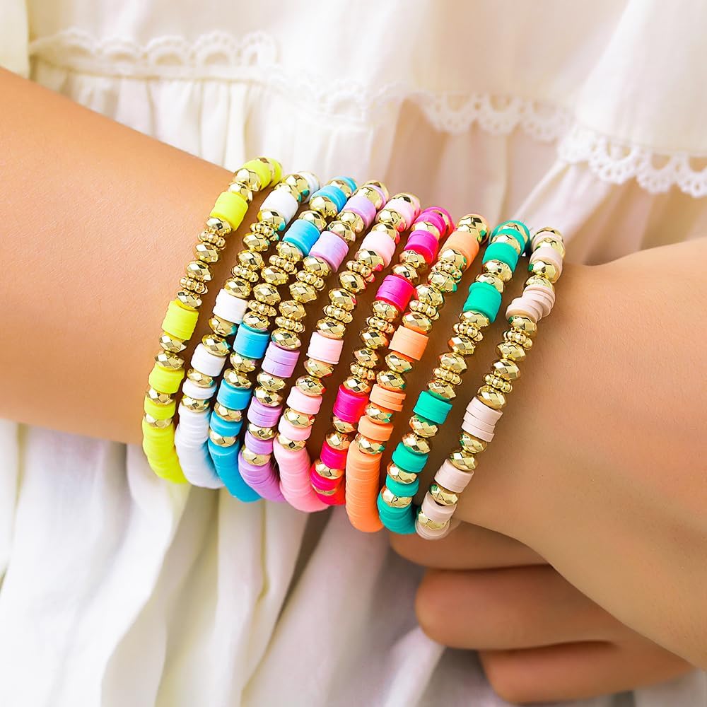 Friendship Bracelets for Women - Heishi Surfer Colorful Smile Evil Eye Clay Beaded Stretch Bracelets Elastic Layering - Stackable Boho Disc Y2K Aesthetic Summer Jewelry Set.